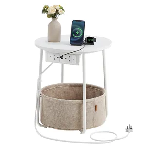 VASAGLE Modern Living Room Side Table with Charging Station White Round Fabric Basket End Table Nightstand