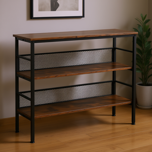 Console industriale a 3 livelli piedini regolabili in metallo e legno Multi-funzionale nero Premium e mobili Console versatili - Product Image 2