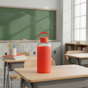 Botella de agua de vidrio azul deportiva portátil de mano de varios colores con funda de silicona - Product Image 3