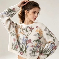 Pull en tricot floral douillet - Imprimé botanique vintage, coupe décontractée pour femme, parfait pour la superposition automne-hiver