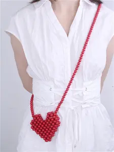 Tas Manik-manik Cinta Merah Modis dan Serbaguna, Tas Kecil Orang Tua-Anak Wanita Oblique Cross Rajut dan Serbaguna Mini Mulut Merah
