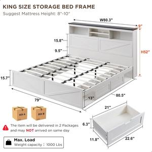 100 MOQ Farmhouse White <strong>Wooden</strong> King Size <strong>Bed</strong> Frame WithStorage Bookcase Headboard and 4 Drawers LED Light Charging Station - Product Image 5