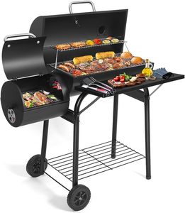 Efficient Steel <b>Charcoal</b> Grill with Cast Iron Offset Smoker Combo <b>Portable</b> Barrel <b>BBQ</b> Thermometer Outdoor Backyard Party - Product Image 2