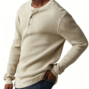 Custom Men Soft Breathable Waffle Knit Henley TShirt Heavy Weight Tshirt Organic Cotton Long Sleeve Casual Pullover Tops - Product Image 2