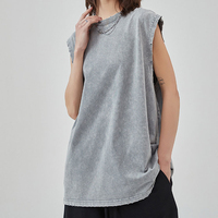 HET022 kaus tanpa lengan pria, baju atasan tank top cuci asam ukuran besar berat 275gsm