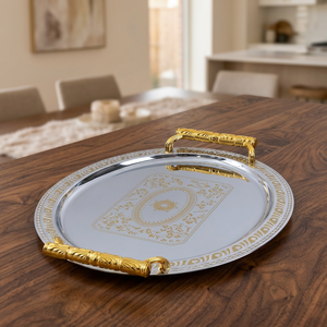 Plateau de service en acier inoxydable plaqué or de luxe, plateau décoratif en métal pour café et thé avec poignées pour la décoration du salon - Product Image 1