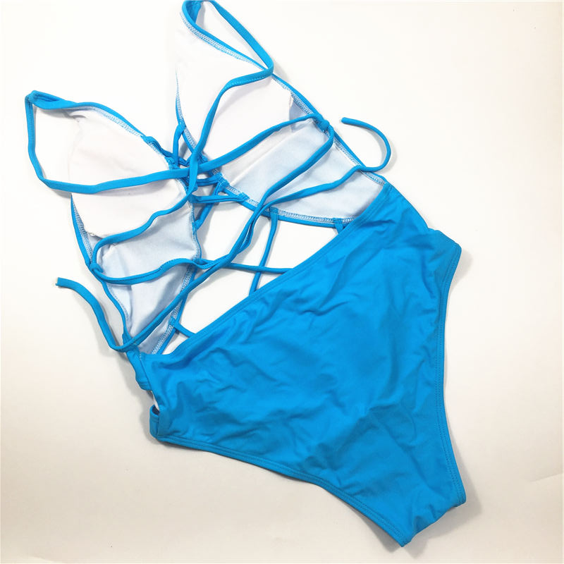 Solid color sky blue swimwear backless swimsuit multi-binding belt sexy one-piece swimwear