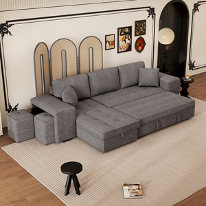 Modern Square 3 Seat Reversible Sectional <b>Sofa</b> Set Pull Out Sleeper with Storage Chaise 2 <b>Stools</b> for Apartment Living Room - Product Image 1