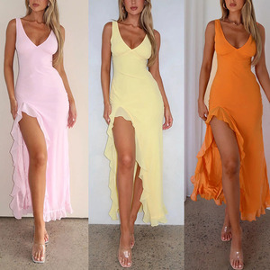 Vestido sexy informal de gasa con cuello en V y abertura para mujer, vestido de vacaciones para mujer, vestido con tirantes para mujer - Product Image 6