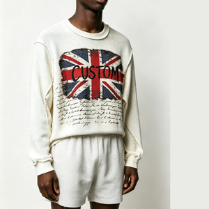 Custom <strong>Union</strong> <strong>Jack</strong> Flag Graphic Waffle Knit Long Sleeve T-<strong>Shirt</strong> Vintage Raw Edge Distressed Oversized Unisex Streetwear Tee - Product Image 3