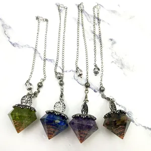 High Quality Natural Crystal Amethyst Faceted Cone Reiki Healing Stone Chips Pendulum with Life Tree Symbol 7 Chakra Jewellery