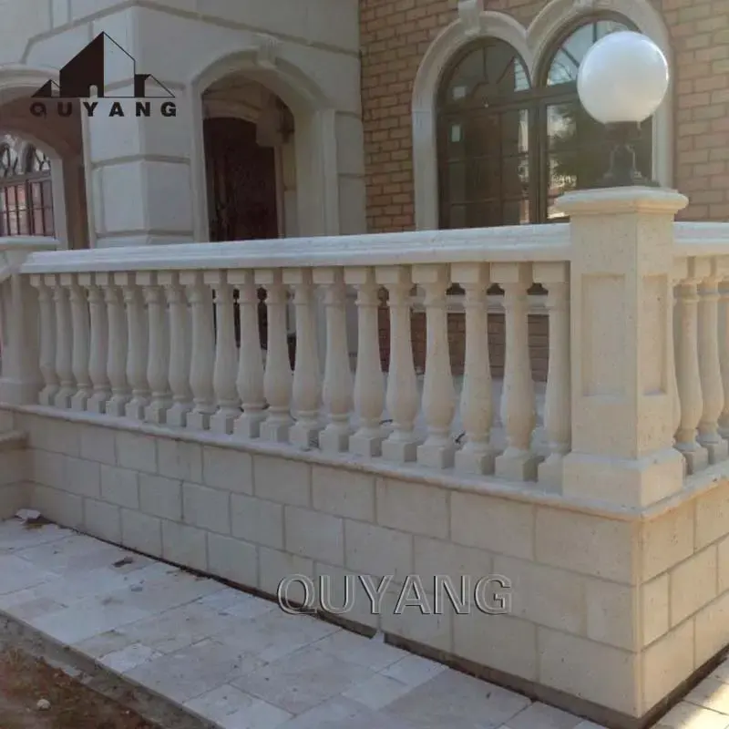 QUYANG Custom Luxury Villa Design White Natural Stone Balustrades Marble Stairs Handrails Balcony Railing