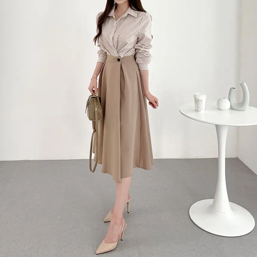 Gaun Korea elegan kasual ringan matang Niche A Button desain rasa temperamen Fashion wanita pinggang tinggi gaun berkualitas tinggi