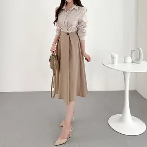 韓国のドレスエレガントなカジュアルライトクックニッチAボタンデザインセンス気質ファッションハイウエストレディース高品質ドレス