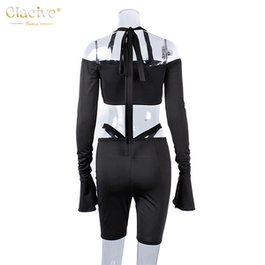 Clacive 2020 de moda de manga larga corsé Halter Tops <span class=keywords><strong>Biker</strong></span> corto negro las mujeres 2 piezas conjunto Sexy - Product Image 5