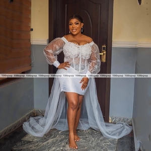 Mini-Tüll-Hochzeitskleid mit langen Puffärmeln, Blumen, V-Ausschnitt, Brautkleid für afrikanische Brautmode, Spitzenkleid, Vestidos De Novia 2025, individuell anpassbar - Product Image 2