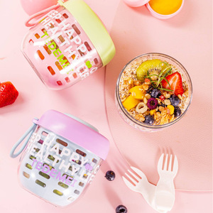 Vaso de frutas de doble pared Happy Meal con tapa de drenaje y cuchara, contenedor portátil para ensalada, para desayuno, almuerzo o comida para llevar. - Product Image 2