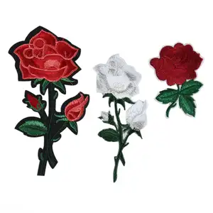 Parches de bordado de rosas rojas y blancas, parches de planchado personalizados, insignias adhesivas, parches bordados para ropa