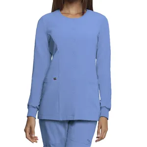 Uniformi da ospedale per donna Ceil Blue Warm up Scrub giacche Button up manica lunga infermieri Scrub per ospedale cotone poliestere