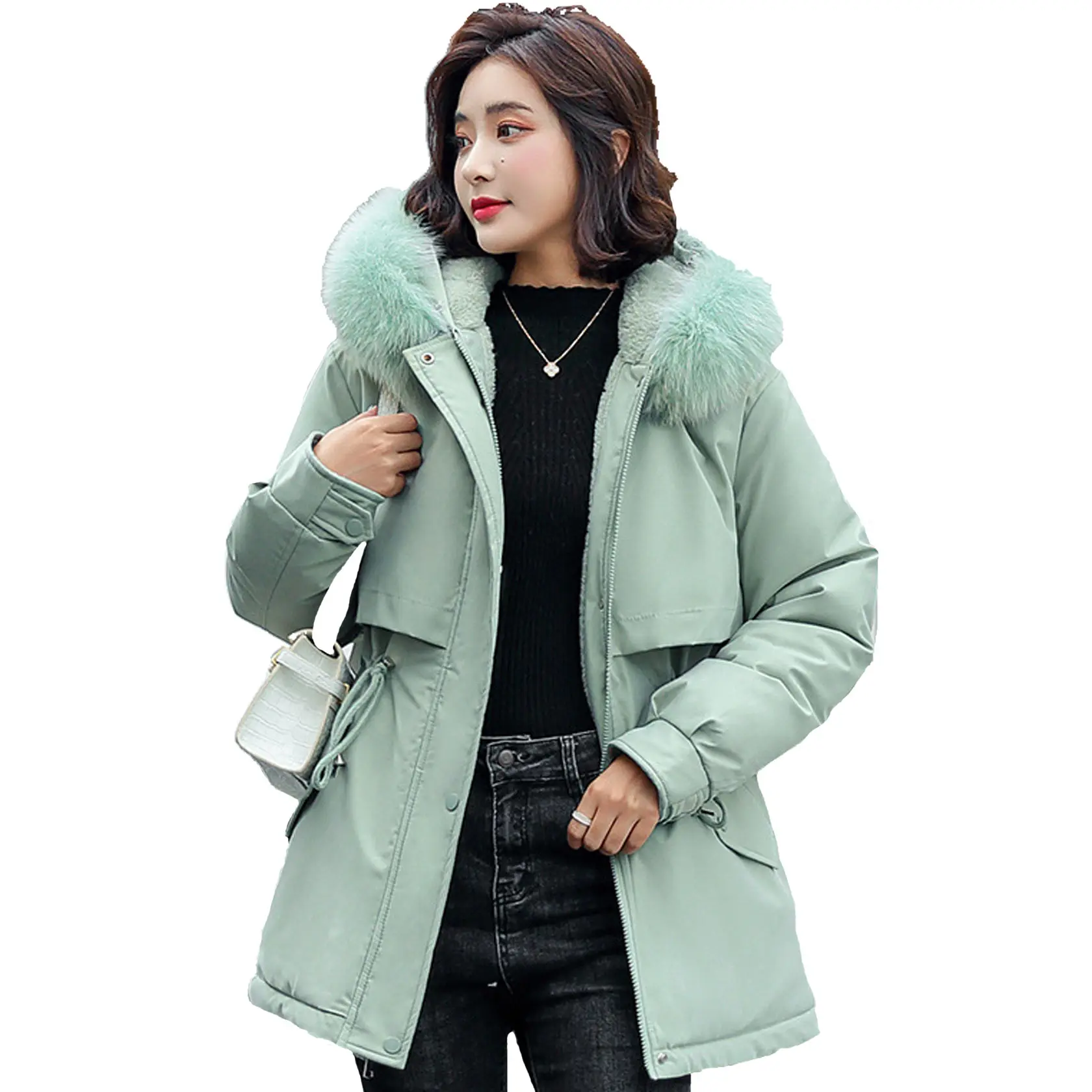 AIMINYZ High Quality Long Hooded Parkas Wholesale Lady Fur Collar Long Hoodies Warm Jackets Trendy Women's Outerwear With Pocket