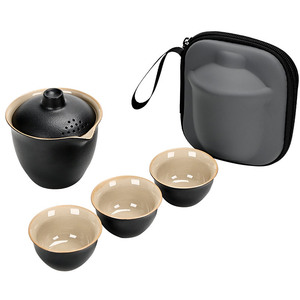 Ceramic Travel Tea Set With Gaiwan And Three Cups Portable Outdoor Use Modern Design Small <b>Camping</b> Gift Storage Bag - Product Image 5