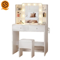 Table de toilette moderne blanche brillante avec chaise et éclairage LED, table de toilette de luxe pour chambre à coucher