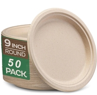 Assiettes rondes en bagasse de 9 pouces, naturelles, non blanchies, jetables, biodégradables, compatibles micro-ondes, vaisselle, lot de 50, camping