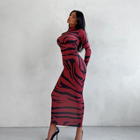 Robe moulante vintage pour femme, nouvelle collection automne/hiver, élégante, imprimé animal, polyester, col montant, manches longues, taille haute