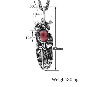Colgante de acero inoxidable con diseño de pluma y bisel de piedra preciosa roja para hombre, collar de moda. - Product Image 4