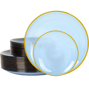 Assiettes de présentation jetables en plastique de 7,5 et 10,25 pouces, noires, bleues, vertes, transparentes, avec bord doré, design élégant texturé, pour mariage - Product Image 3