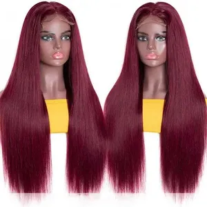 Uniky Brazilian real 100% Colored Raw Virgin human virgin hair hd Transparent human 99J Red Burgundy Deep wave curly lace wig