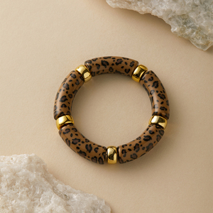 Pulsera Elástica de Cuentas Acrílicas Estilo Boho para Mujer - Forma de Tubo Curvo, Detalle Dorado, Brazalete Elástico para Uso Diario y Vacaciones - Product Image 6