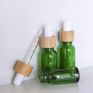 Custom Essential Oil Packaging 20Ml 30Ml 50Ml 100Ml Green Glass Dropper Bottle With bamboo top