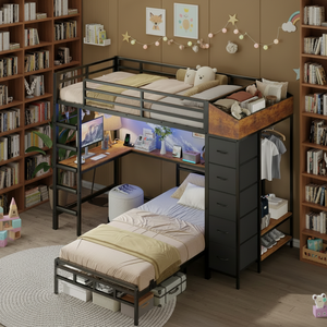 <span class=keywords><strong>Lit</strong></span> <span class=keywords><strong>superposé</strong></span> double en bois industriel SereneLounge <span class=keywords><strong>avec</strong></span> armoire de rangement en forme de L, <span class=keywords><strong>bureau</strong></span> de jeu réglable pour petit espace d'appartement - Product Image 6