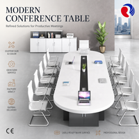 Table de formation professionnelle avec une large surface de travail, un canal utilitaire central et un style moderne bicolore