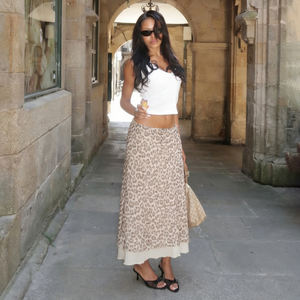 กระโปรงมิดิลายเสือดาวสองชั้นสไตล์ยุโรปทรงเอวต่ำเข้ารูปความยาวครึ่งน่องแฟชั่นสำหรับผู้หญิง - Product Image 3