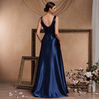 Robe de soirée trapèze en satin bleu marine, col en V, sans manches, avec franges perlées argentées, longueur ras du sol, pour bal de promo et galas