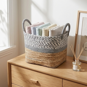 Natural Water Hyacinth Storage Basket Handcrafted Woven Towel Holder Bathroom Organizer <b>Bin</b> With Contrast Gray Handles - Product Image 3