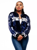 Veste bomber unisexe scintillante à sequins matelassée style cowboy, à manches longues et fermeture éclair, pour les jours de match printemps-automne