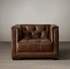 Postmodern Classic Vintage Accent Chesterfield Brown Leather Chair With Tufted Seat