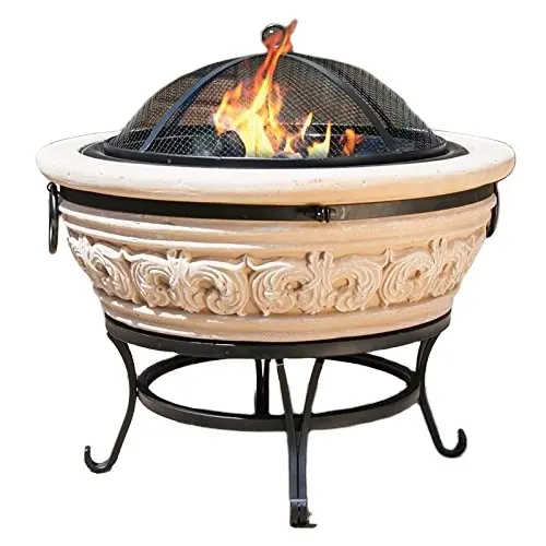 Wholesale Backyard Carved Scroll Wood Burning Magnesia Wooden Stove Bonfire Brazier Concrete Garden Fire Pit Outdoor Fireplace