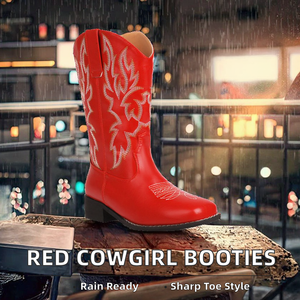 Red Women's Winter Solid Booties Ankle Western Boots Stitched Embroidered Pointed <b>Toe</b> Short Chunky Classic Height Increasing - Product Image 2