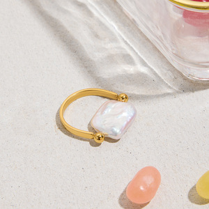 Anillo de Perlas, Chapado en Oro de 18K, Acero Inoxidable, Geométrico, Cuadrado, Perla de Agua Dulce, Engaste en Bisel, Joyería para Uso Diario de Mujer - Product Image 4