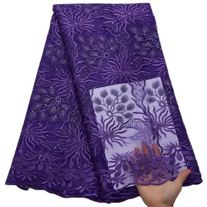 2809 Free Shipping New Design Purple Color Embroidery With Stone French Net Lace Fabric For Women Dress