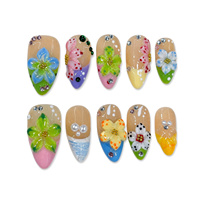 Ongles en amande arc-en-ciel, 10 pièces, avec fleurs 3D, strass et perles, faits à la main, à presser, luxe, taille moyenne
