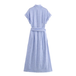Vestido midi a rayas de mezcla de <span class=keywords><strong>lino</strong></span> estilo europeo y americano con cintura elástica - Product Image 2