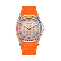 Reloj Mecánico HANBORO Miyota con Bisel de Cristal Arcoíris, Esfera con Diamantes, Correa de Silicona Naranja de 20 mm, Reloj de Vestir de Lujo