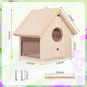 บ้านนกไม้สนเคลือบสีธรรมชาติ ติดตั้งบนต้นไม้ พร้อมที่นั่งและตัวล็อค สำหรับนกขนาดเล็กเพื่อให้อาหารและทำรัง - Product Image 5
