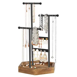 SONGMICS 3 Tier Metal Jewelry Organizer Tower with Wooden base Bracelet Watch Earring Holder Display Stand