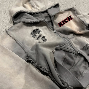 High Quality Heavyweight 480gsm Blank Plain Acid Washed Faded Studded <b>Rivet</b> Rhinestone Zip Up Hoodie - Product Image 3
